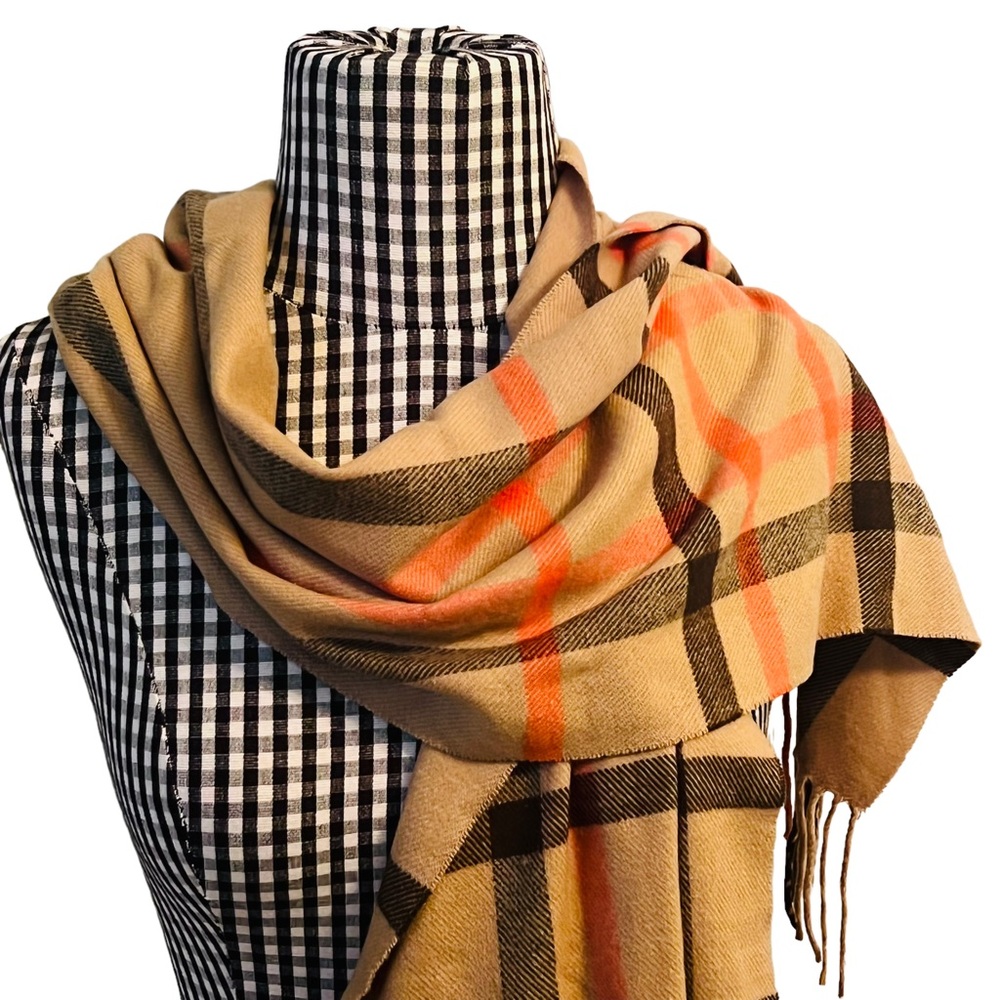 Italian Design Cashmere Viscose Blend Scarf Tan/Black/Orange with Fringe